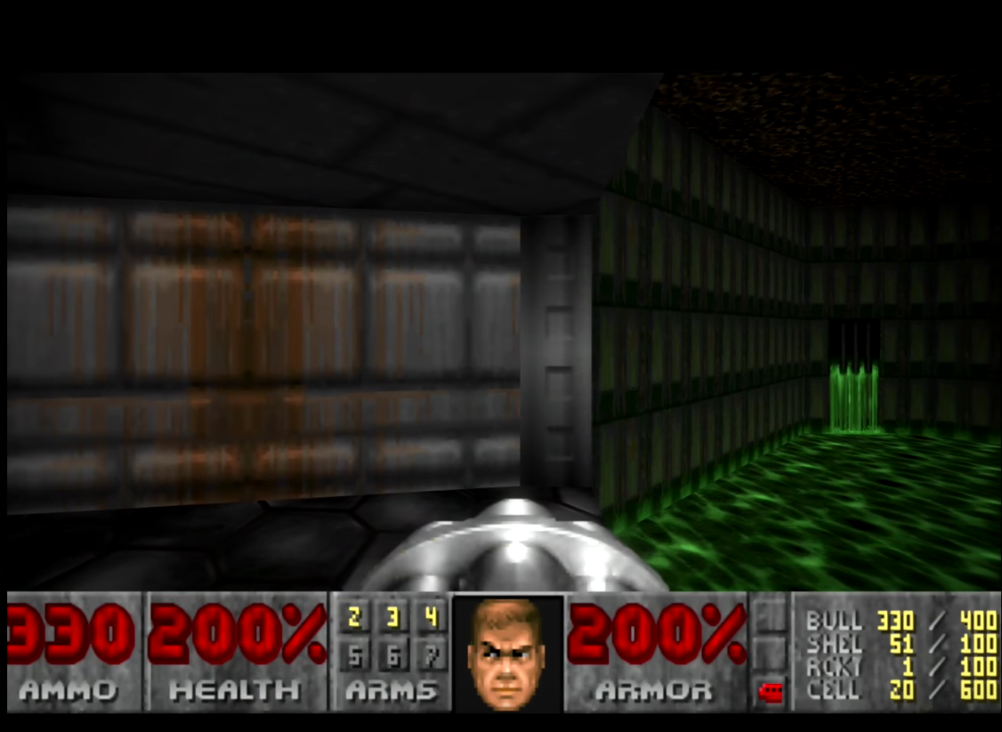E1M2 (Nuclear Plant): A metal textured beam separates 2 walls with different wall textures. Without a transition texture the wall transition doesn&rsquo;t look smooth. John Romero is pretty consistent with this motif throughout his levels