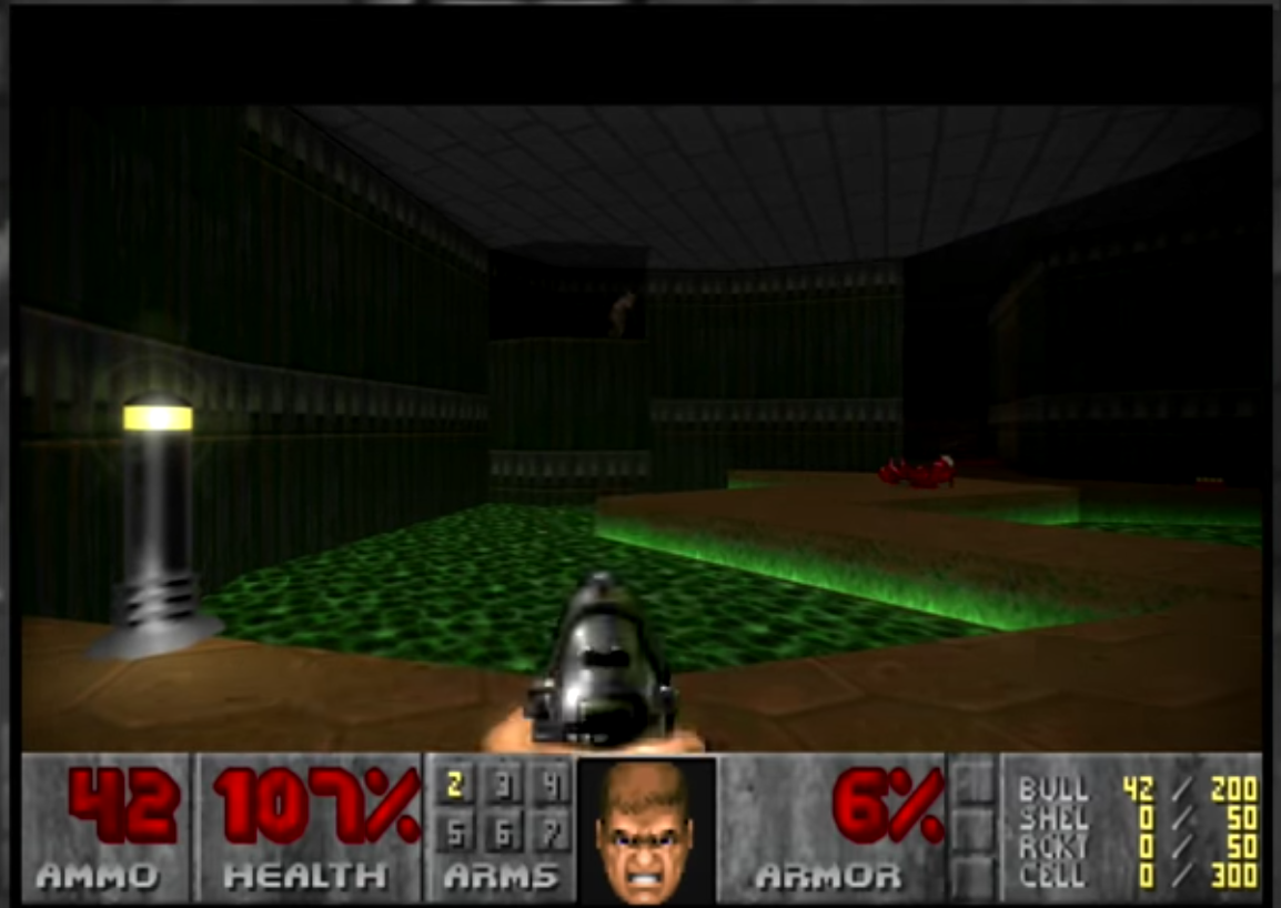 The light source on the left is rendered with a fullbright texture and provides the illusion of self-illumination. In a dark room, light sources can orient the player